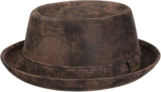 Stetson Pennsylvania Leder Pork Pie -  Aus 100% Leder - Futter aus Baumwolle - Dunkelbraun