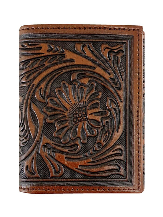 Stetson Tooled Leather Tri-Fold Wallet - Braun